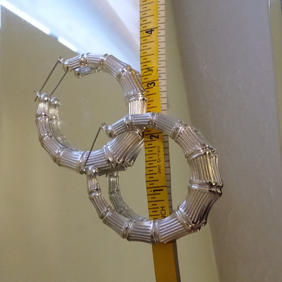 Women's 2" bamboo hoop earrings silver in color hollow in make - Picture 2 of 3